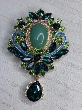 Green Crystal Floral Statement Brooch - Women Jewelry